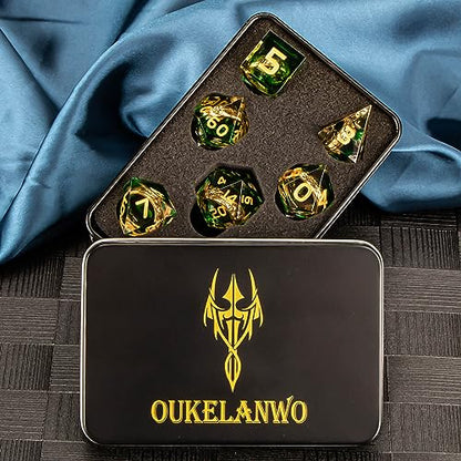 OUKELANWO Magic Lord Rings DND Dice Set with Box, 7Pcs Resin LOTR D&D Dice Set for Role Playing Game, Green Gold Dungeons Dragons D and D Sharp Edge Dice D20 D12 D10 D8 D6 D4 - color: Green