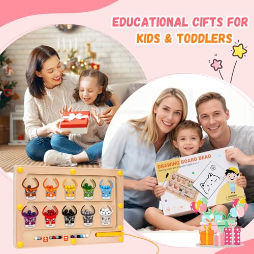 2 IN 1 Magnetic Color and Number Maze, Montessori Toys with Drawing Board for 3 4 5 Year Old, Wooden Magnet Balls Puzzles, Learning Educational Toys for Kids Toddlers Boys Girls Christmas Birthday