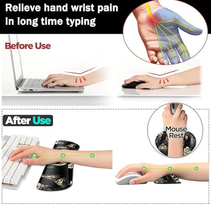 Large Gaming Mouse Pad+ Keyboard Wrist Rest Set, Ergonomics Memory Foam Mouse Mat Wrist Rest Support for Home Office, Waterproof Extended Mousepad 31.5x11.8in, Rose and Butterfly Black Desk Pad - color: Yvb-mousepad-9-f-153