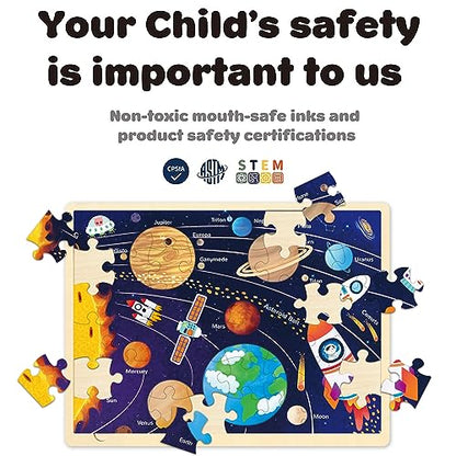 48 Piece Puzzles for Kids Ages 4-8, Solar System Wooden Jigsaw Puzzles for Toddlers 4 Year Old, Each Piece is Unique, Preschool Space Puzzle Ages 3-5 with Puzzle Tray - style: 48 Piece