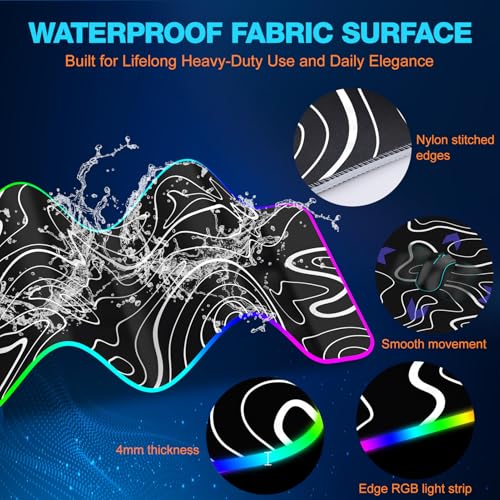 TARKARI Magnetic Wireless Charging RGB Mouse Pad, Large Gaming Desk Mat Waterproof, 31.5"x11.8" Black Mousepad, Ultra-Smooth Surface, Non-Slip Rubber Base, Desk Pad for Keyboard Laptop - color: Topographic Pattern