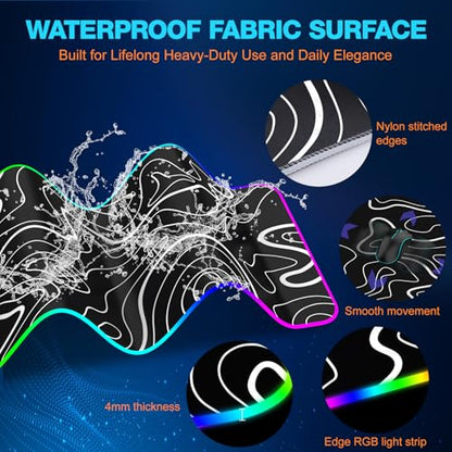 TARKARI Magnetic Wireless Charging RGB Mouse Pad, Large Gaming Desk Mat Waterproof, 31.5"x11.8" Black Mousepad, Ultra-Smooth Surface, Non-Slip Rubber Base, Desk Pad for Keyboard Laptop - color: Topographic Pattern