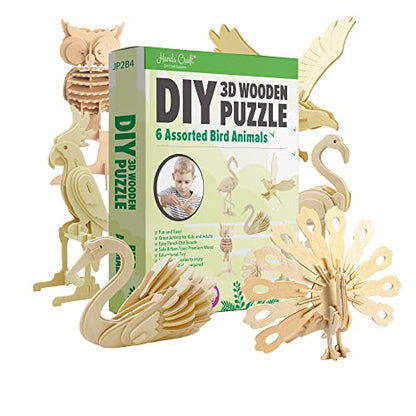 Hands Craft DIY 3D Wooden Puzzle – 6 Assorted Bird Animals Bundle Pack Set Brain Teaser Puzzles Educational STEM Toy Adults and Kids to Build Safe and Non-Toxic Easy Punch Out Premium Wood JP2B4 - color: Bird Animals