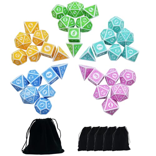 SmartDealsPro Retro Polyhedral Dice Sets with Pouches for D&D DND RPG MTG Dungeon and Dragons Table Board Roll Playing Games D4 D6 D8 D10 D% D12 D20 - color: 5-color Retro Sets 2
