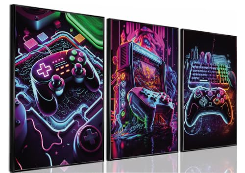Yolbcdr Neon Gaming Canvas Wall Art Poster Set of 3, 12x16 inch | Colorful Gaming Wall Decor, Neon Video Game Poster Set, Boys Bedroom Playroom - color: Game-01, size: 12"x16" Poster
