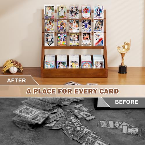 Emfogo Trading Card Display, 3-Tier Card Display Stand with 5-Row Storage, Wooden Graded Card Display, Large Capacity Sports Cards Display Case for Cards Game Collection (Walnut) - color: Walnut