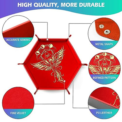 2 Pcs Portable Folding Dice Rolling Tray Set for RPG DND Table Games - PU Leather and Velvet Holder Storage Box - Dragon and Phoenix - color: Dragon and Phoenix