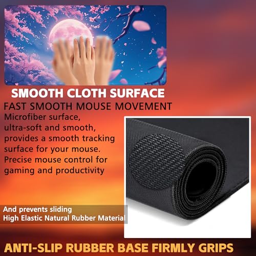 Large Gaming Mouse Pad for Desk, Falling Cherry Blossoms Desk Mat, Bright Full Moon Desk Pad, 31.5"x15.7" Extended Big Computer Keyboard Mouse Pad with Non-Slip Base and Stitched Edge - color: Falling Cherry Blossoms