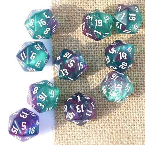 10PCs D20 Polyhedral Dice Set 22mm for DND RPG MTG Dungeons and Dragons Dice (Purple+Green) - color: Purple+green