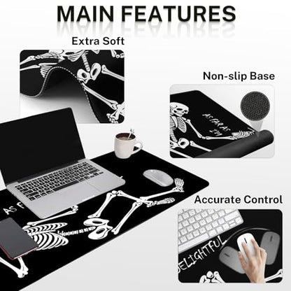Britimes Black Skull Skeleton Keyboard Mouse Pad Set 4in1 Large Mousepad+Keyboard Wrist Rest+Mouse Wrist Rest+Coaster Set with Ergonomic Design for Home Office Computer 35.4x15.7 inches - color: Black Skull Skeleton