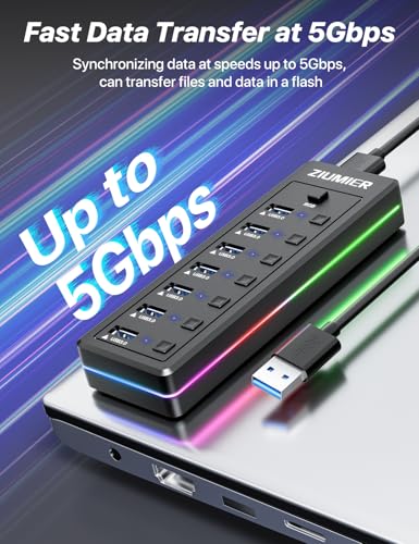 USB Hub with RGB LED Strip,7 Port USB Splitter for PC,Gaming | USB 3.0 Hub Data Transfer - Individual LED On/Off Switches for Laptop, PC, Mouse, Keyboard, Hard Drive - style: 7 PORT