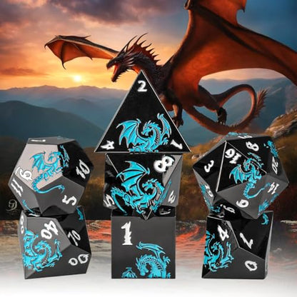 Metal Dice Set, Flat Face Black Blue Dragon Pattern, 7pcs Polyhedral Metal DND Dice Set, DND Starter Set, D&D Gifts with Gift Box, Role Playing Board Games Accessories, Black - color: Black +Blue