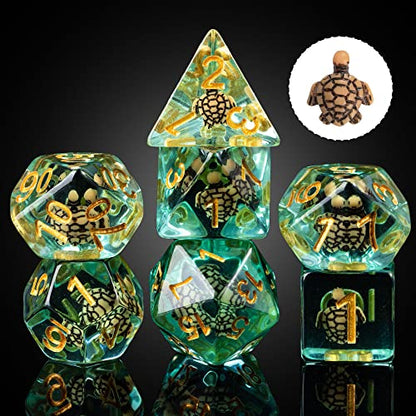 Cusdie 7-Die DND Dice, Polyhedral Dice Set Filled with Animal, for Role Playing Game D&D Dice (Brown Turtle) - color: Brown Turtle