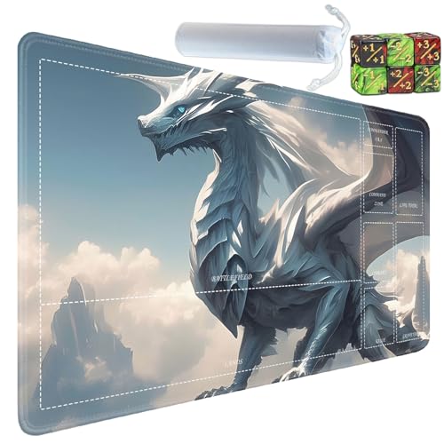 for MTG/TCG Playmat with Zones, 24 x 14 inches Trading Card Playmat with A Storage Bag and 6 Dice, Non-Lip Rubber Bottom Game Desk Mat, Dragon in The Sky - color: Yux-playmats-2-3A-248