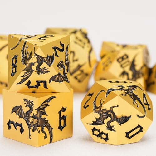Metal DND Dragon Dice Set,D&D Polyhedral Dice with Dragon for Dungeons and Dragons RPG TTRPG D and D 7-Die Set with Gift Case Dragon-Pearl Gold Black - color: Dragon-pearl Gold Black