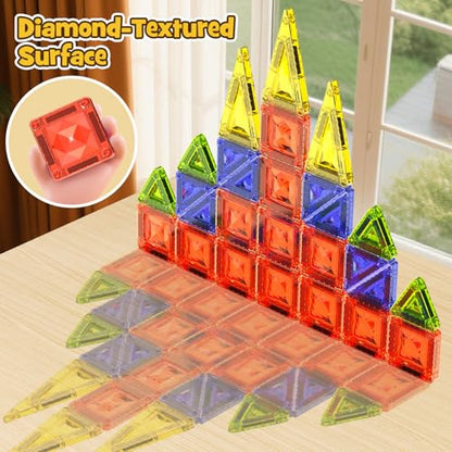 Mini Magnetic Tiles for Kids Travel: 40PCS Portable Building Blocks | Metal Storage Box & Visual Guide for 1-Minute Cleanup - Diamond Sparkle STEM Travel Toys for Toddlers Boys Girls Age 3-8 - style: Diamond Texture Mini Magnetic Tiles - 40 PCS