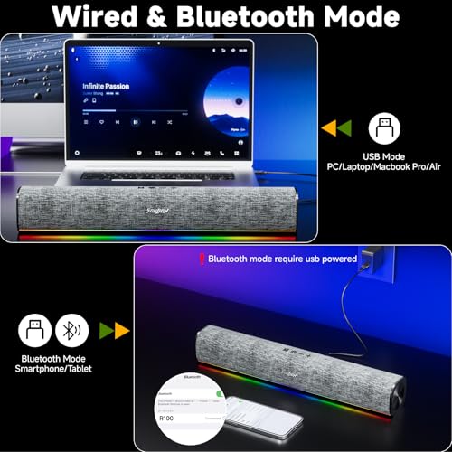 SOULION Computer Speakers for Desktop Monitor USB Plug & Play PC Soundbar | Dynamic LED Light, USB Plug & Play PC, Switch Button, Bluetooth 5.1, Clearly Sound, Breathable Material, Widely Application - color: Gray