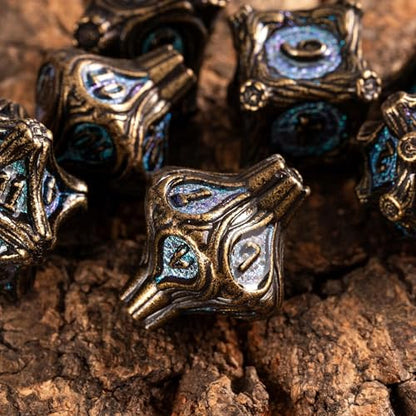 7PCS Metal DND Dice Bronze Blue Metal Dice Set D&D for Board Games | Leather Storage Bag, DM Gift, for Dungeons and Dragons Role Playing Games - color: Metal Tree-bronzeblue
