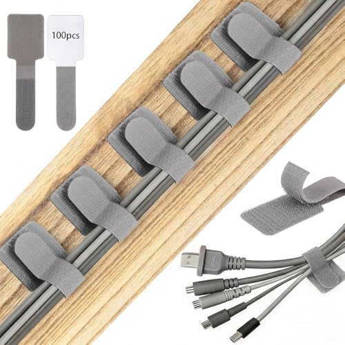 100 Pcs Hook and Loop Cable Straps, Cable Management Under Desk, Grey Ties | Strong Adhesive Backing, Residue-Free Removal, Adjustable Cable Ties for Home, Office, Cords, TV Computer Car Wire Organizer - color: Grey
