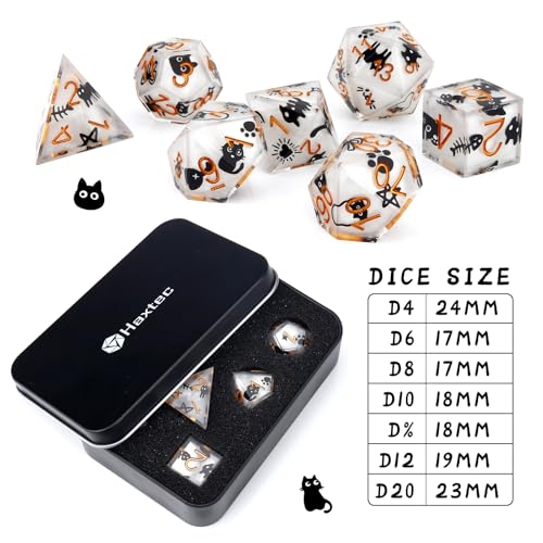 Haxtec Cat DND Dice Set White Sharp Edge Resin Dice Set with Dice Case, Handmade D and D Dice Polyhedral D&D Dice Set for TTRPGs Compatible with Dungeons and Dragons DND Gifts - color: White