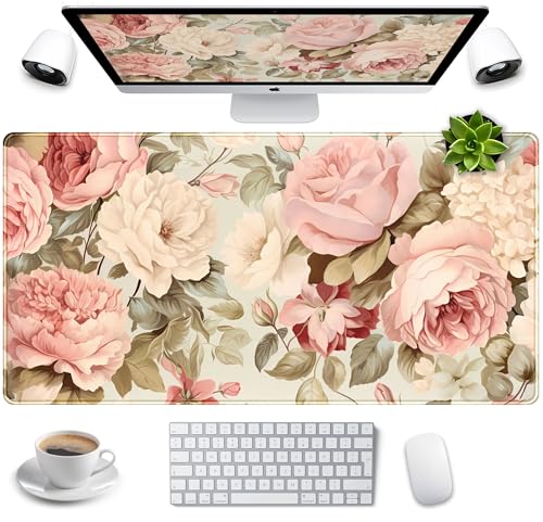 Cute Floral Desk Mat Pastel Roses Gaming Mouse Pad XXL Large Extended Flowers Desk Pad, Laptop Keyboard and Mouse Mat with Stitched Edges, Women Computer Desktop Mat Gamer Playmat 31.5x15.7 in - color: Pastel Roses
