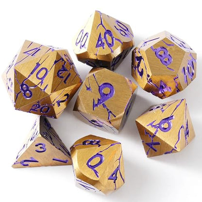 Metal Dice for DND - Ancient Cracked Pharaoh Ruins - Gold Purple Cracks | Beautiful 7pc Polyhedral Dice Set, Smooth Rolling, Role Playing Games (RPG), Compatible with D&D, for Dungeons and Dragons - color: Ancient Dark Gold Purple