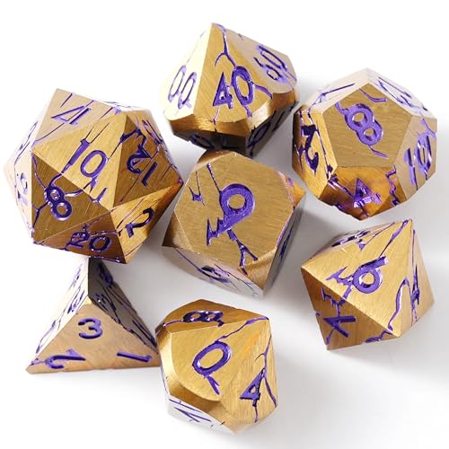 Metal Dice for DND - Ancient Cracked Pharaoh Ruins - Gold Purple Cracks | Beautiful 7pc Polyhedral Dice Set, Smooth Rolling, Role Playing Games (RPG), Compatible with D&D, for Dungeons and Dragons - color: Ancient Dark Gold Purple