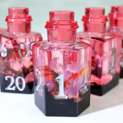 XENOLUX Potion Bottle DND Dice Set with Flying Dragon, Sharp Edge Resin Polyhedral Dice for Dungeons and Dragons Tabletop Games, Smoky Liquid Effect 7-Piece Set with Storage Tin - BOT4 - color: Bot4