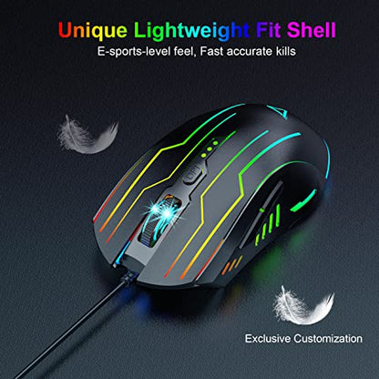 Gaming Mouse Wired, Lightweight Gaming Mice, Breathing RGB Plug Play High-Precision Adjustable 3200 DPI Ergonomic PC Gaming Mouse for Gamer, Wired Mouse for Laptop