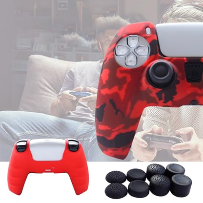 Hikfly Silicone Cover Compatible with PS5 Controller Skin Non-Slip Grips Compatible with PlayStation 5 Controller- 2 x Skin with 8 x Thumb Grip Caps(Blue,Red)