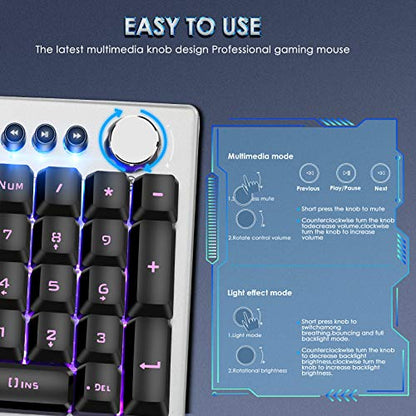 RGB Backlit Gaming Keyboard with Mouse Combo and Mouse pad, Multimedia Keyboard Knob,Mechanical Feel USB Wired Keyboard for Windows PC, Silvery White (10209) - color: silvery white