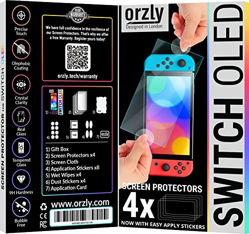 Orzly Glass Screen Protector for Nintendo Switch OLED 2024 Console Accessories (Pack of 4) - Tempered Glass Life time Edition - size: 7"