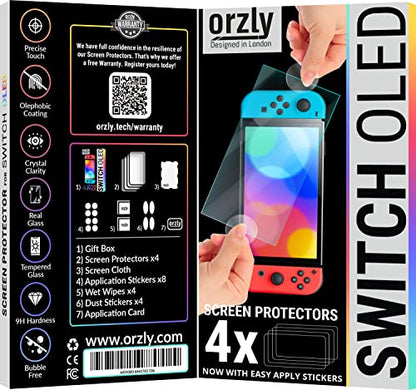 Orzly Glass Screen Protector for Nintendo Switch OLED 2024 Console Accessories (Pack of 4) - Tempered Glass Life time Edition - size: 7"