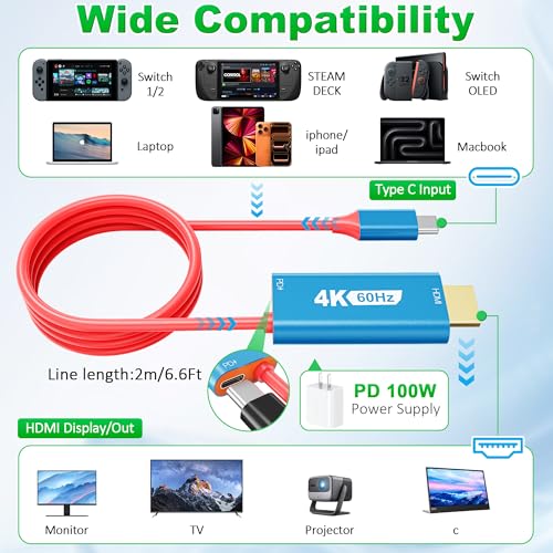 Switch 2 TV Adapter Docking Station, 4K@60Hz 18 Gbps USB C to HDMI 2.0 Adapter for TV/Monitor, 6.6ft 100W PD Play While Charging, Portable Travel TV Cable for Nintendo Switch 1 and 2/Steam Deck/OLED