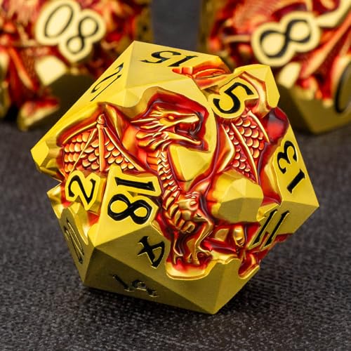 Roycevon Relief Dragon DND Dice Set for Role Playing Game, 7Pcs Metal D&D Dice Set Dungeons Dragons with Gift Box, Polyhedral D and D Dice D20 D12 D10 D8 D6 D4, Red and Black - color: Red and Black