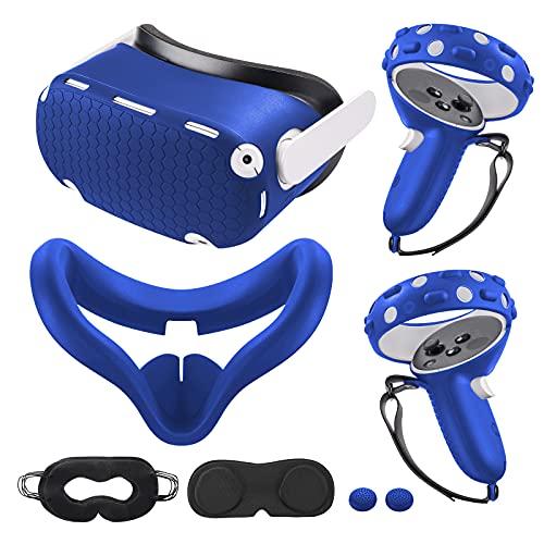Compatible with Oculus Quest 2 Accessories, VR Silicone face Cover, VR Shell Cover,Compatible with Quest 2 Touch Controller Grip Cover,Protective Lens Cover,Disposable Eye Cover - color: Blue