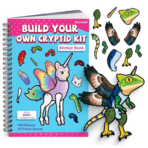 PARTYWIND Cryptid Construction Kit Sticker Book for Kids Age 3-5 | Build Your Own Animals, 16 Scenes, 11 Sheet Stickers, Airplane Travel Toys Essentials for Boys & Girls, Toddler Sticker Book