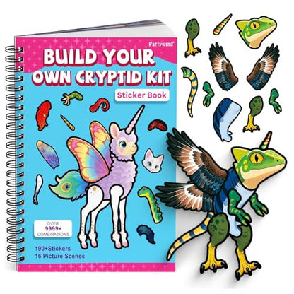 PARTYWIND Cryptid Construction Kit Sticker Book for Kids Age 3-5 | Build Your Own Animals, 16 Scenes, 11 Sheet Stickers, Airplane Travel Toys Essentials for Boys & Girls, Toddler Sticker Book