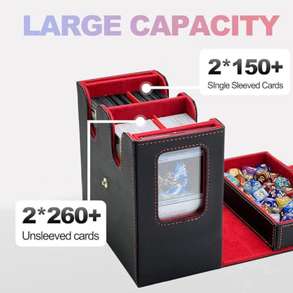 MTG Commander Deck Box, Trading Card Storage Box with Handle & Dice Tray Holds to 230+ Double Sleeved Cards, Durable Button Design Double Deck Box Suitable for CCG/TCG/Sports Cards (Black&Red)