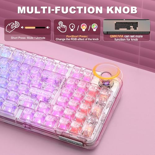 YUNZII X98 Wireless Mechanical Keyboard with Knob (Pink, Crystal Switch) | BT5.0/USB-C/2.4GHz,1800 Layout with Number Pad,Pre-lubed Switches Gasket Mount ,Clear Keyboard with RGB for Wins/Mac/Gaming - color: Pink, size: Crystal Switch