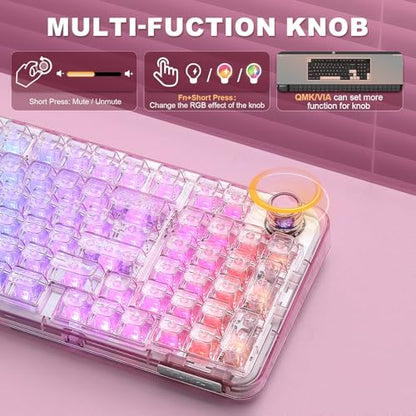 YUNZII X98 Wireless Mechanical Keyboard with Knob (Pink, Crystal Switch) | BT5.0/USB-C/2.4GHz,1800 Layout with Number Pad,Pre-lubed Switches Gasket Mount ,Clear Keyboard with RGB for Wins/Mac/Gaming - color: Pink, size: Crystal Switch