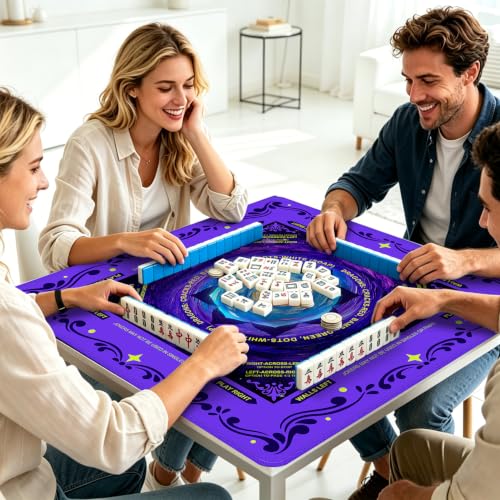 Mahjong Mat for Table with Rules, 31.5" x 31.5" Noise Reduction Non Slip Waterproof Mah Jong Table Mat with Carrying Bag, Suitable for Mahjong, Poker, Board Games, Dominoes, and Card Games - color: Blue Flowers