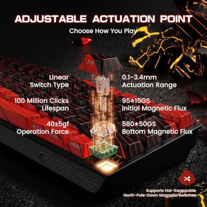 ATTACK SHARK MAMBASNAKE X60 HE Wireless 8K Mechanical RT Keyboard-Black Red | Tri Mode-2.4Ghz/BT/Wired,Hall Effect Magnetic Switch,RGB Backlight,0.01mm Accuracy,4000 mAh battery,Web Driver for PC Win Mac - color: Black Red, size: Keyboard
