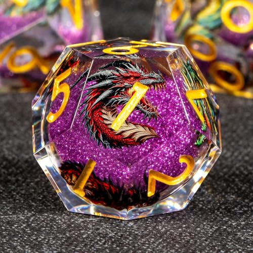 KERWELLSI Liquid Core Dragons Pattern Dice, Resin DND Dice Set with Gift Box, Purple and Gold Sharp Edged Dungeons D&D Dice, Role Playing Game Dice D20 D12 D10 D8 D6 D4 - color: Purple and Gold