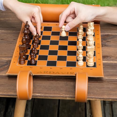 Personalized Magnetic Travel Chess Set Roll-Up Board Game, Custom Wooden Chess Set with 32 Magnetic Pieces, PU Leather Portable Chess Board for Adults, Travel & Gift for Men, Family Game Night