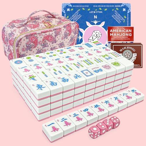 American Mahjong Tile Set, 166 Tiles (1.2”), Cute Mini Mahjong Tiles- Pink | Mahjong Tile Set with Carrying Bag, Dice, Mat, Portable Travel Complete Game Set for Home Outdoor Enthusiast Gift - color: Pink