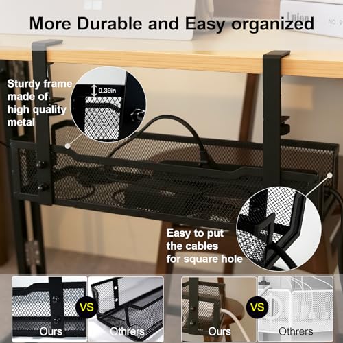 No Drill Under Desk Cable Management Tray with clamp-Premium Wire Tray Cord Organizer – Thin Steel Cable Tray Basket with Charger Holder for Desk–Black Cable Management Box–Easy to Install