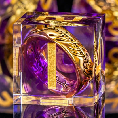 OUKELANWO Magic Lord Rings DND Dice Set with Box, 7Pcs Resin LOTR D&D Dice Set for Role Playing Game, Purple Gold Dungeons Dragons D and D Sharp Edge Dice D20 D12 D10 D8 D6 D4 - color: Purple