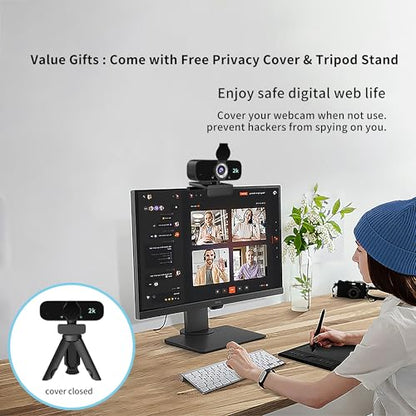 Webcam for Computer, USB Plug&Play, Auto Low Light Correction, Privacy Cover, Tripod, Wide Angle for Meeting/Online Video/Zoom, Web Cam with Microphone