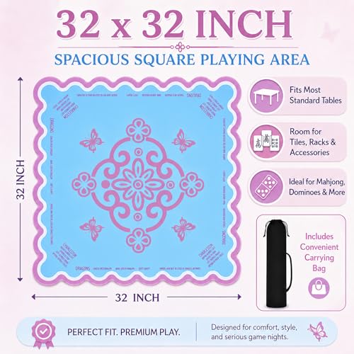 Neoprene Mahjong Mat for Table, 32 x 32 Inch Square Mahjong Table Mat with Carrying Bag, Non Slip Rubber Backing, Noise Reducing Game Mat for American Mahjong, Dominoes, Cards, Board Games (Blue) - color: Blue